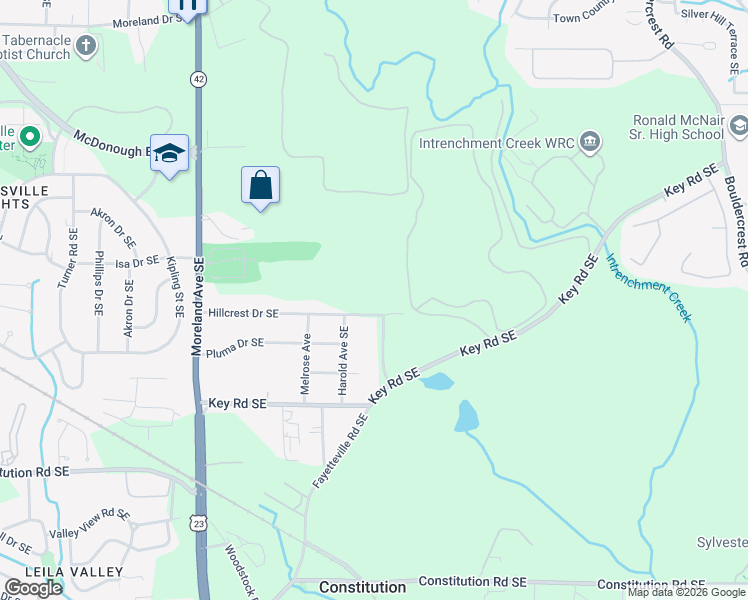 map of restaurants, bars, coffee shops, grocery stores, and more near 1184 Hillcrest Drive Southeast in Atlanta