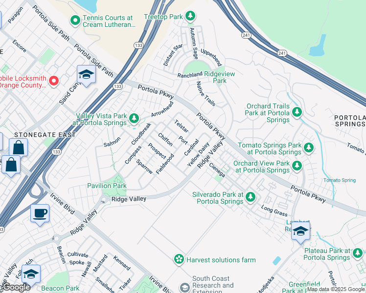 map of restaurants, bars, coffee shops, grocery stores, and more near 126 Fieldwood in Irvine
