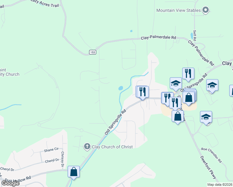 map of restaurants, bars, coffee shops, grocery stores, and more near 6596 Old Springville Road in Pinson