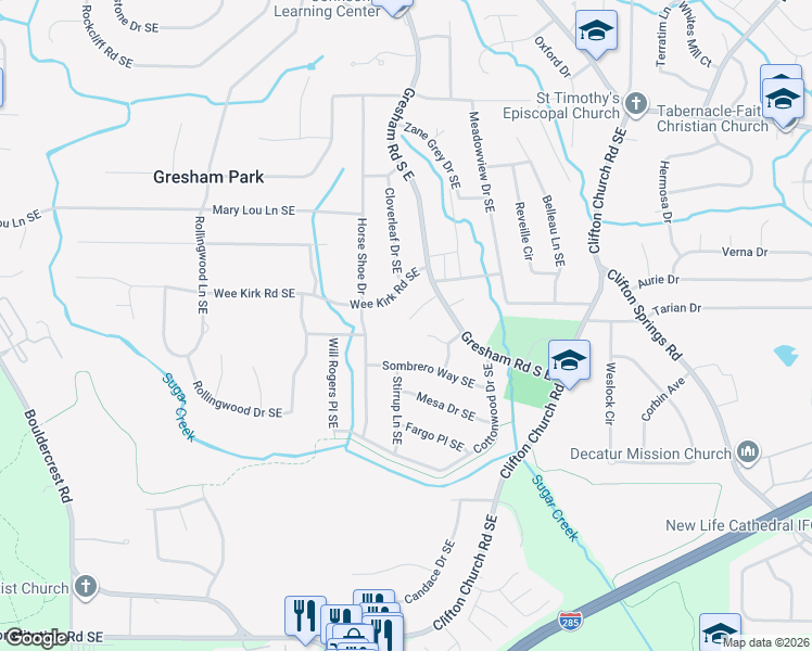 map of restaurants, bars, coffee shops, grocery stores, and more near 1995 Knight Court Southeast in Atlanta