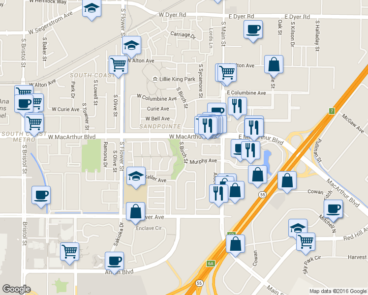 map of restaurants, bars, coffee shops, grocery stores, and more near 313 Orion Avenue in Santa Ana