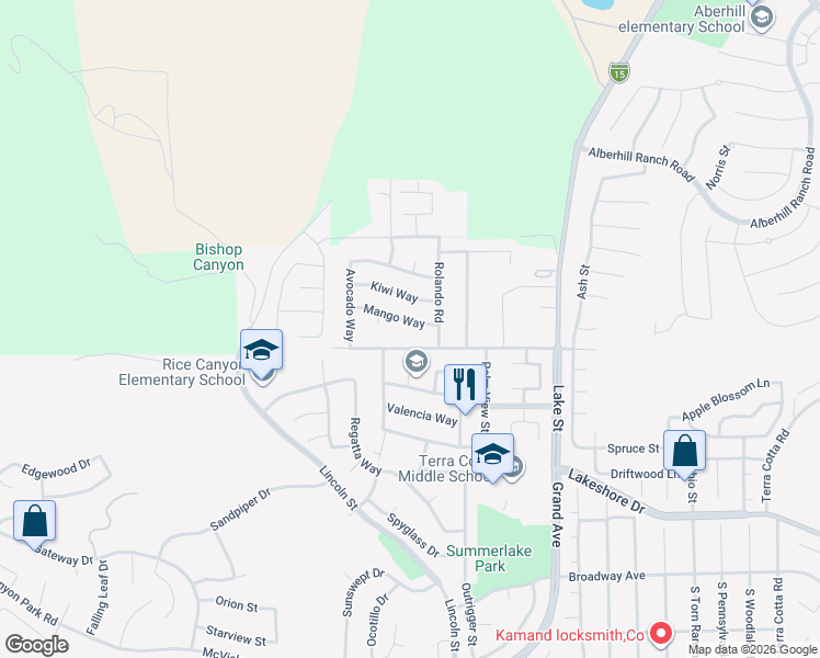 map of restaurants, bars, coffee shops, grocery stores, and more near 16502 Mango Way in Lake Elsinore