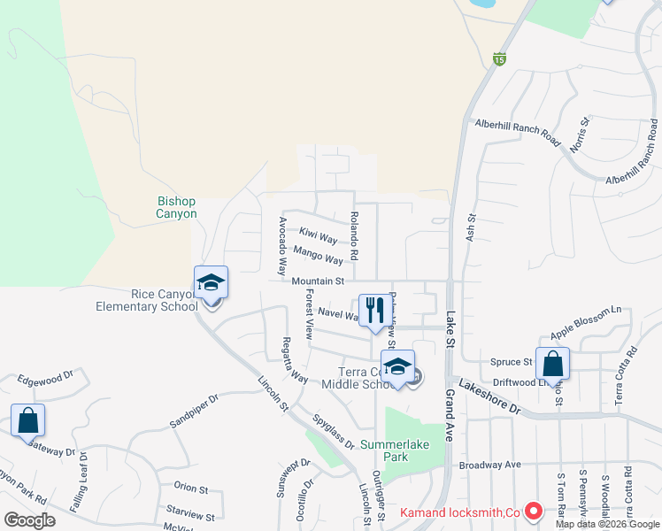 map of restaurants, bars, coffee shops, grocery stores, and more near 16502 Mango Way in Lake Elsinore
