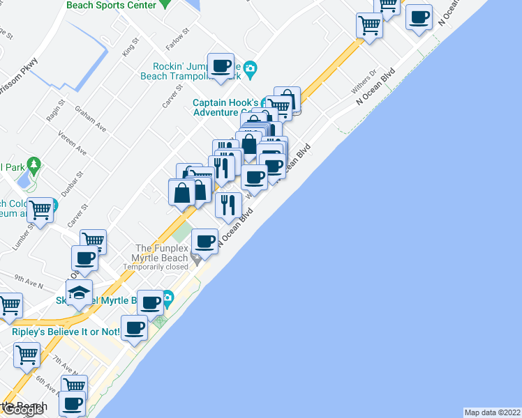 map of restaurants, bars, coffee shops, grocery stores, and more near 1900 North Ocean Boulevard in Myrtle Beach