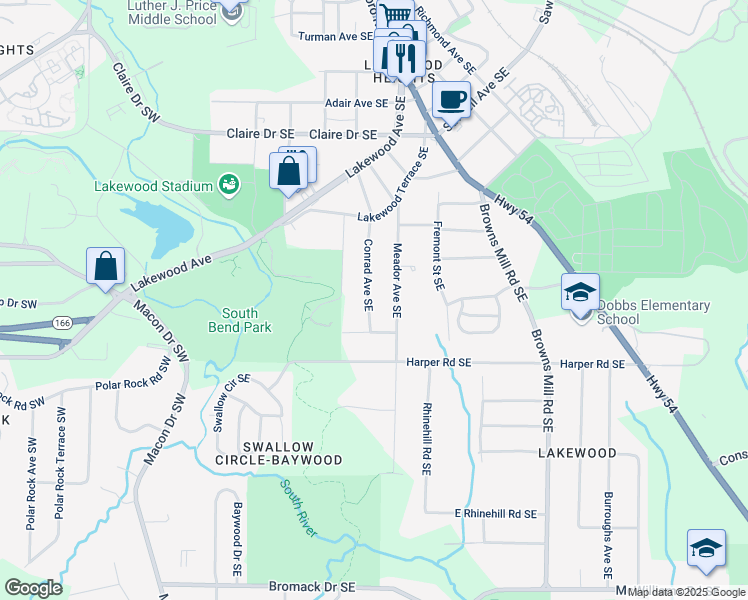 map of restaurants, bars, coffee shops, grocery stores, and more near 2030 Conrad Avenue Southeast in Atlanta
