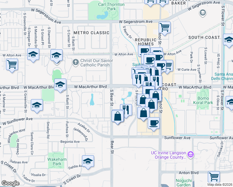 map of restaurants, bars, coffee shops, grocery stores, and more near 3621 South Bear Street in Santa Ana