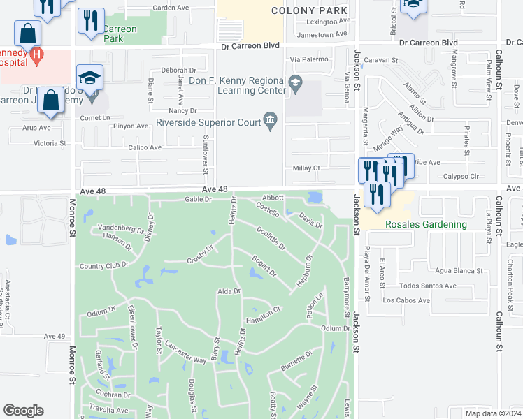 map of restaurants, bars, coffee shops, grocery stores, and more near 82567 Avenue 48 in Indio