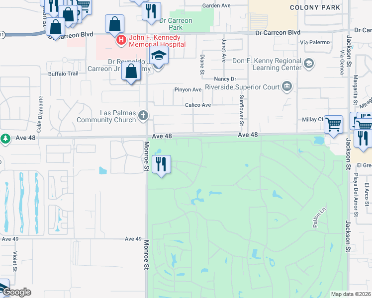 map of restaurants, bars, coffee shops, grocery stores, and more near 48131 Priest Court in Indio