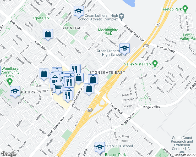 map of restaurants, bars, coffee shops, grocery stores, and more near 32 Flowerstalk in Irvine