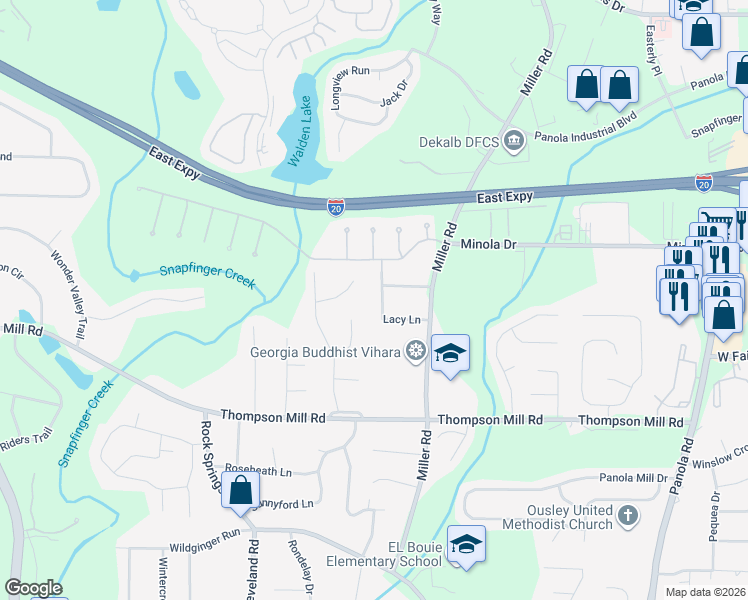 map of restaurants, bars, coffee shops, grocery stores, and more near 2935 Lacy Lane in Stonecrest
