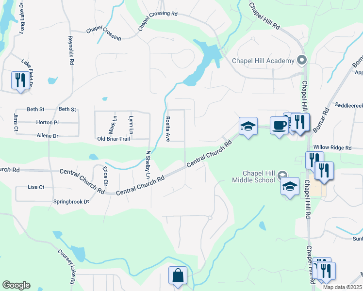 map of restaurants, bars, coffee shops, grocery stores, and more near 3898 Rosedale Lane in Douglasville