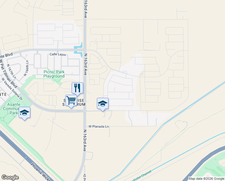 map of restaurants, bars, coffee shops, grocery stores, and more near 16059 West Creedance Boulevard in Surprise