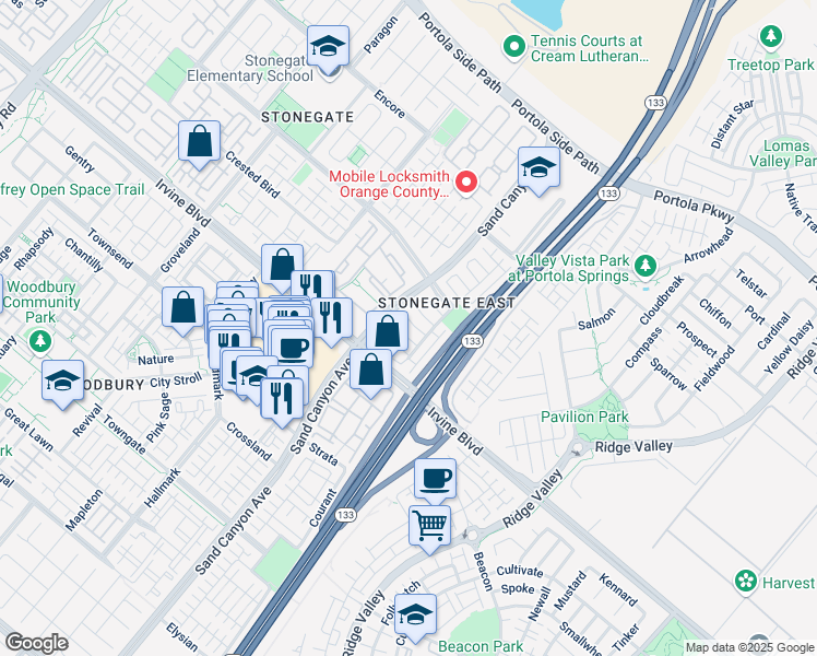 map of restaurants, bars, coffee shops, grocery stores, and more near 15310 Barranca Parkway in Irvine
