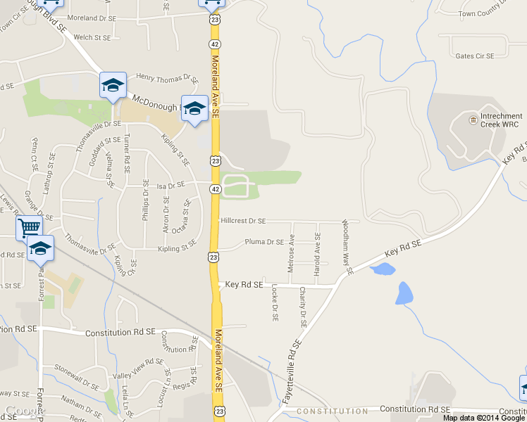 map of restaurants, bars, coffee shops, grocery stores, and more near 1072 Hillcrest Drive Southeast in Atlanta