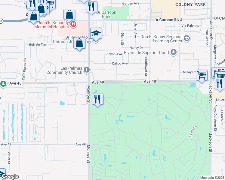 map of restaurants, bars, coffee shops, grocery stores, and more near 48131 Priest Court in Indio