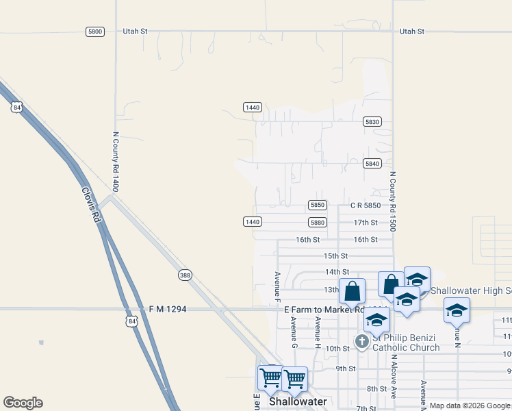 map of restaurants, bars, coffee shops, grocery stores, and more near 8299 C R 5850 in Shallowater