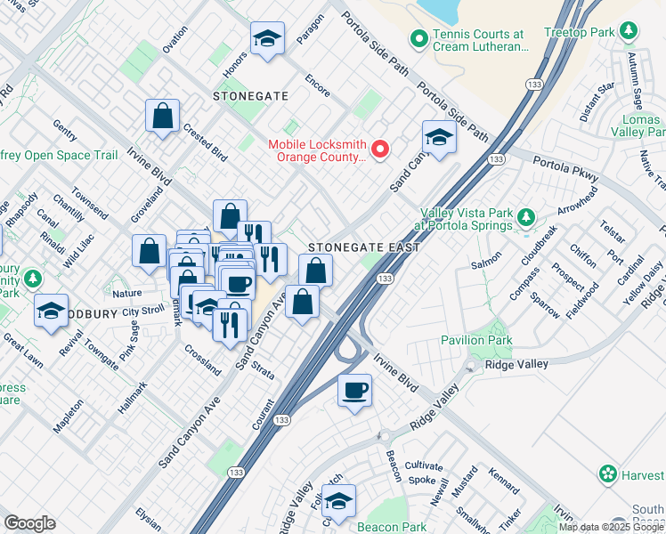 map of restaurants, bars, coffee shops, grocery stores, and more near 32 Flowerstalk in Irvine