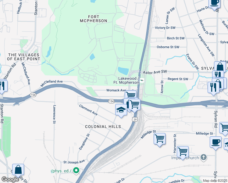 map of restaurants, bars, coffee shops, grocery stores, and more near 1344 Womack Avenue in Atlanta