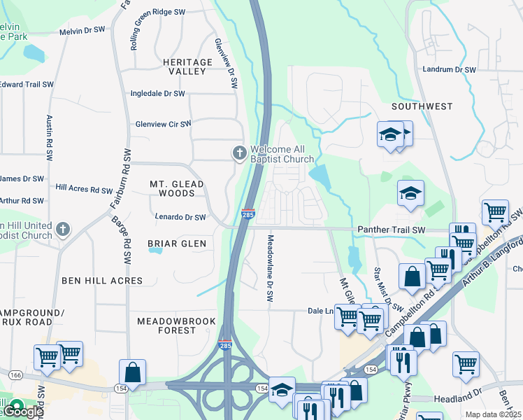 map of restaurants, bars, coffee shops, grocery stores, and more near 3549 Parc Circle Southwest in Atlanta