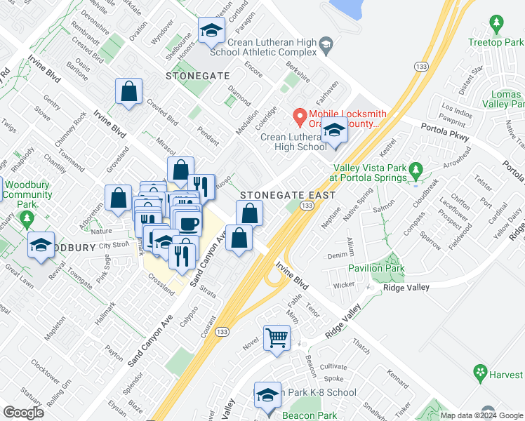 map of restaurants, bars, coffee shops, grocery stores, and more near 32 Flowerstalk in Irvine