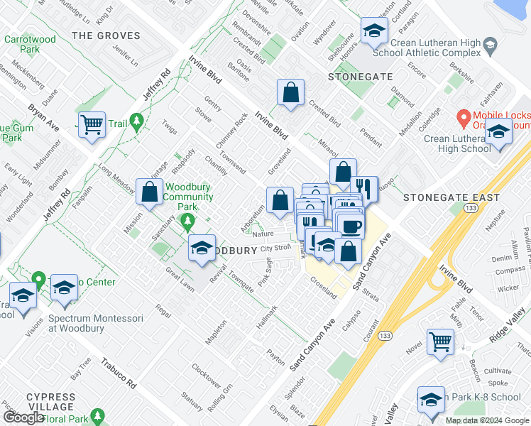 map of restaurants, bars, coffee shops, grocery stores, and more near 80 Costa Brava in Irvine