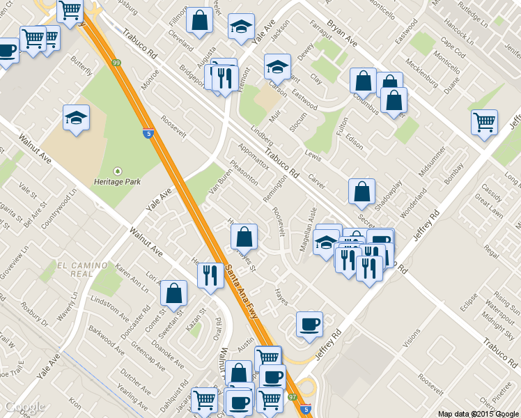 map of restaurants, bars, coffee shops, grocery stores, and more near 337 Huntington in Irvine