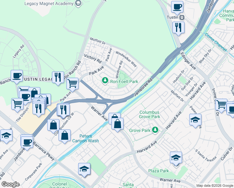 map of restaurants, bars, coffee shops, grocery stores, and more near 228 Barnes Road in Tustin