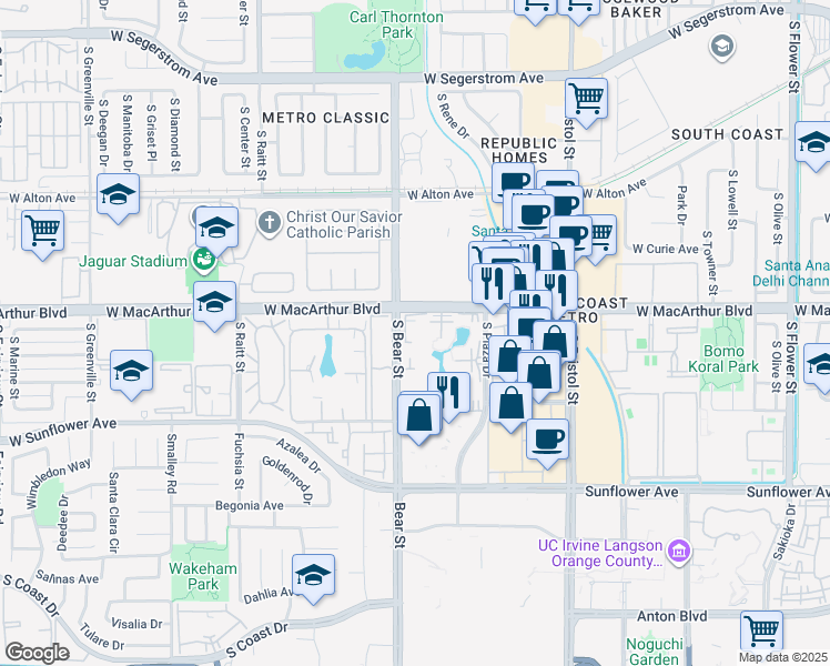 map of restaurants, bars, coffee shops, grocery stores, and more near 3683 South Bear Street in Santa Ana