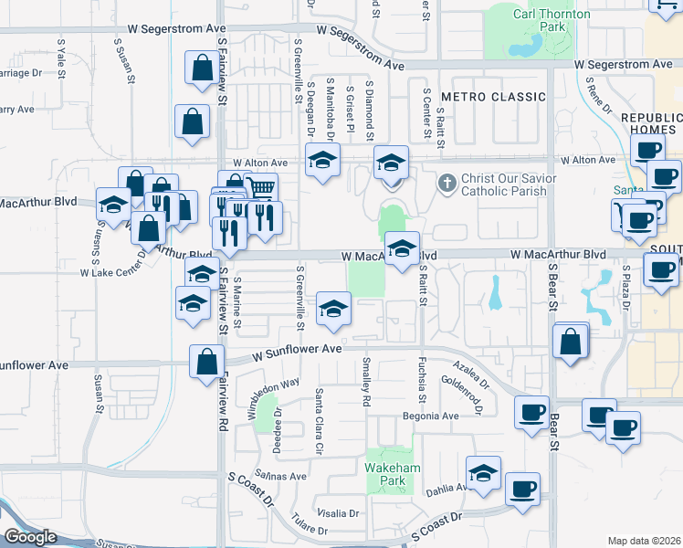 map of restaurants, bars, coffee shops, grocery stores, and more near 2516 West MacArthur Boulevard in Santa Ana