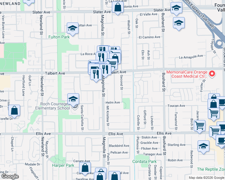 map of restaurants, bars, coffee shops, grocery stores, and more near 18141 Third Street in Fountain Valley