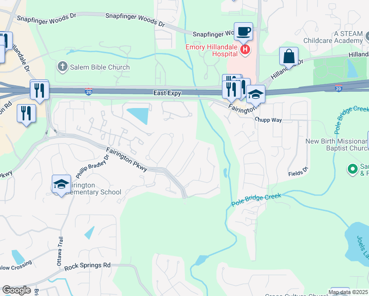 map of restaurants, bars, coffee shops, grocery stores, and more near 6101 Fairington Ridge Circle in Stonecrest
