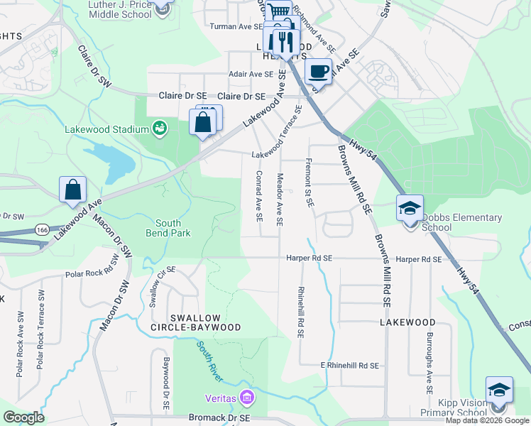 map of restaurants, bars, coffee shops, grocery stores, and more near 2030 Conrad Avenue Southeast in Atlanta