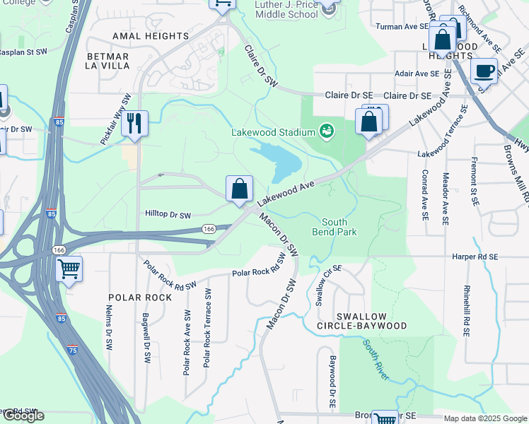 map of restaurants, bars, coffee shops, grocery stores, and more near Macon Drive Southeast in Atlanta