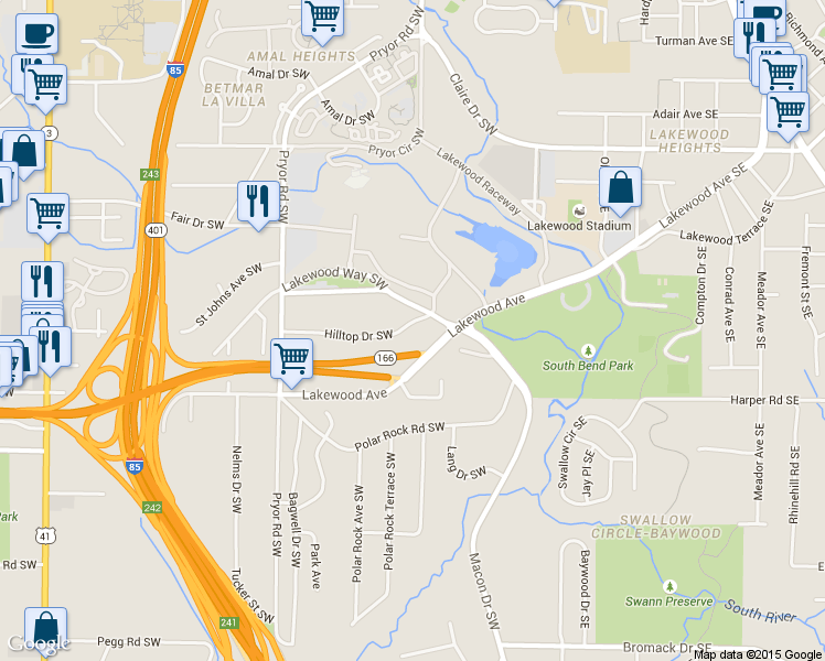 map of restaurants, bars, coffee shops, grocery stores, and more near 140 Hilltop Drive Southwest in Atlanta