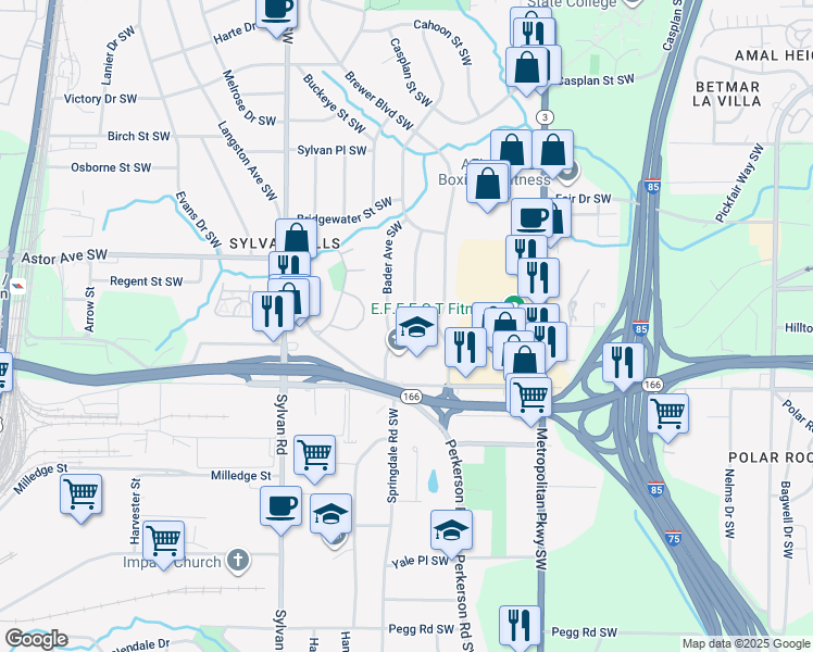 map of restaurants, bars, coffee shops, grocery stores, and more near 2047 Brewer Boulevard Southwest in Atlanta