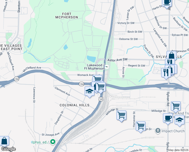 map of restaurants, bars, coffee shops, grocery stores, and more near 1276 Womack Avenue in East Point