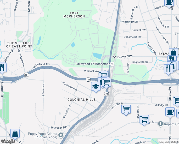 map of restaurants, bars, coffee shops, grocery stores, and more near 1364 Womack Avenue in East Point