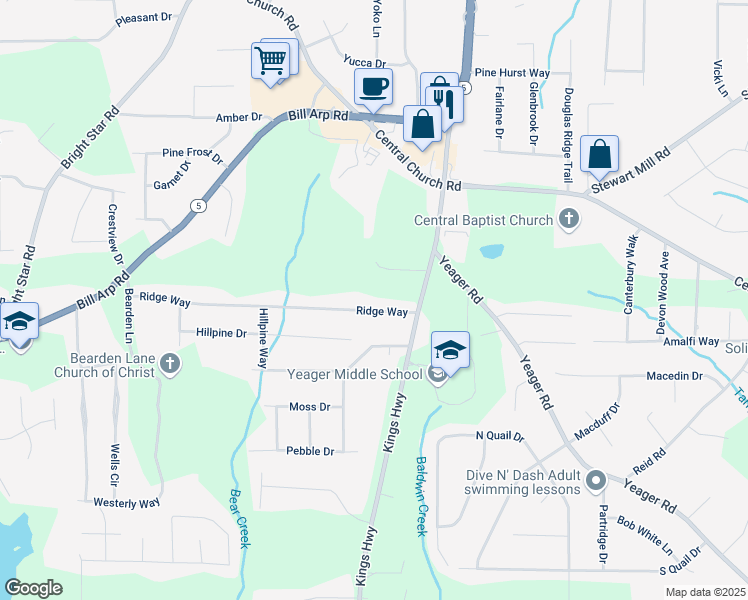 map of restaurants, bars, coffee shops, grocery stores, and more near 6070 Ridge Way in Douglasville
