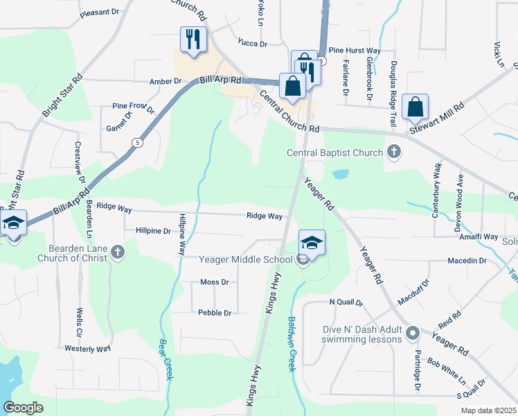 map of restaurants, bars, coffee shops, grocery stores, and more near 6070 Ridge Way in Douglasville
