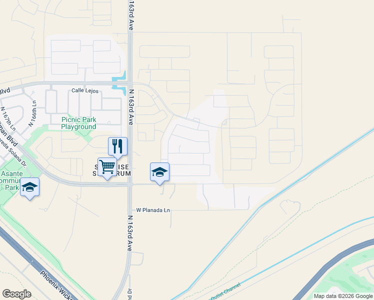 map of restaurants, bars, coffee shops, grocery stores, and more near 15948 West Creedance Boulevard in Surprise