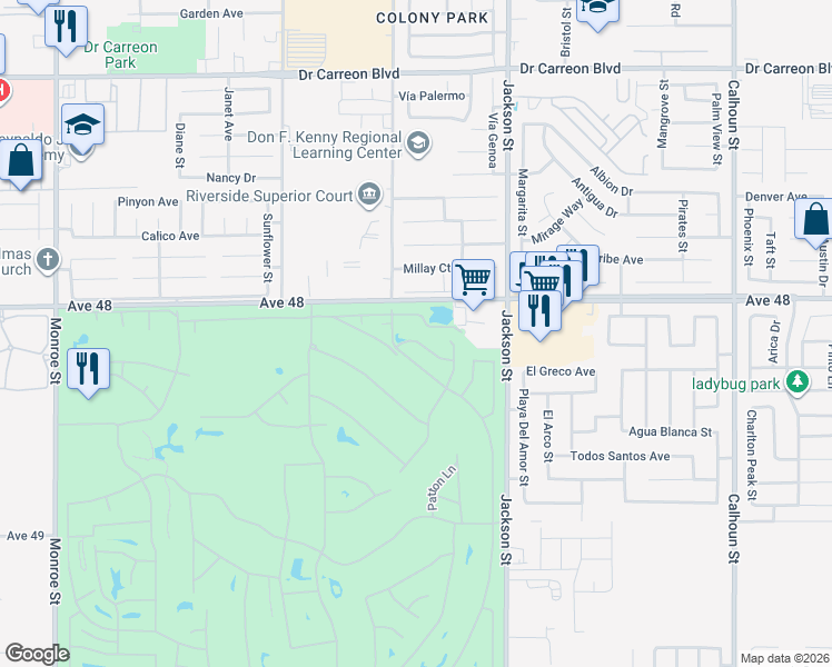 map of restaurants, bars, coffee shops, grocery stores, and more near 82835 Crawford Drive in Indio