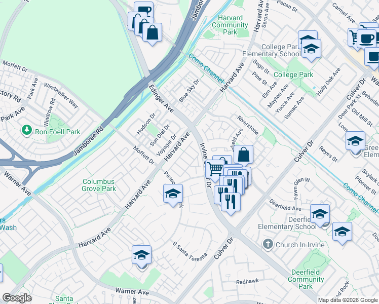 map of restaurants, bars, coffee shops, grocery stores, and more near 500 Santa Maria in Irvine