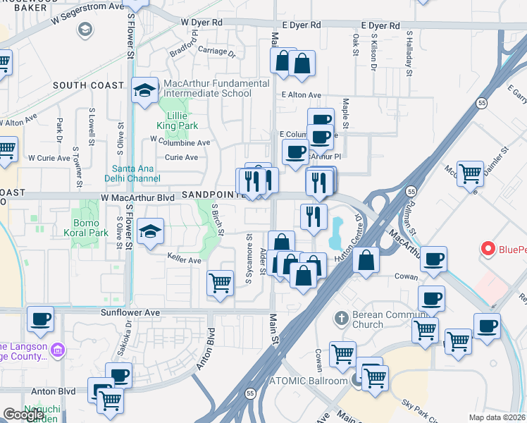 map of restaurants, bars, coffee shops, grocery stores, and more near 3620d South Main Street in Santa Ana