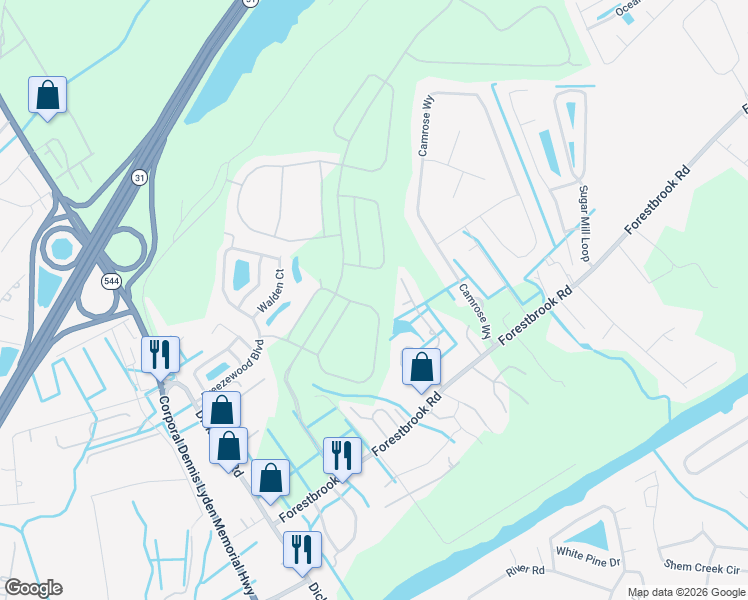 map of restaurants, bars, coffee shops, grocery stores, and more near Bear Claw Ct in Myrtle Beach