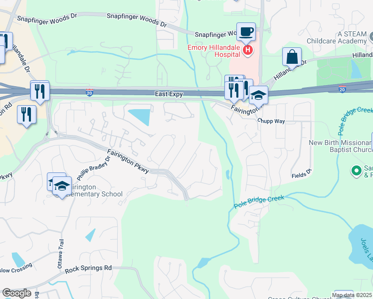 map of restaurants, bars, coffee shops, grocery stores, and more near 6204 Fairington Village Drive in Lithonia