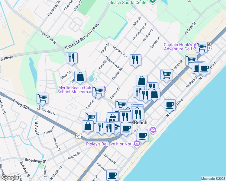 map of restaurants, bars, coffee shops, grocery stores, and more near 1100 Carver Street in Myrtle Beach