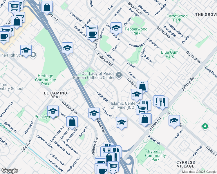 map of restaurants, bars, coffee shops, grocery stores, and more near 337 Huntington in Irvine