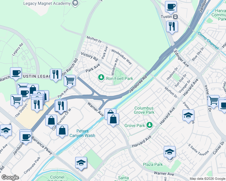 map of restaurants, bars, coffee shops, grocery stores, and more near 228 Barnes Road in Tustin