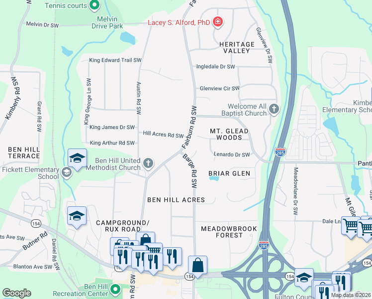 map of restaurants, bars, coffee shops, grocery stores, and more near 2030 Fairburn Road Southwest in Atlanta
