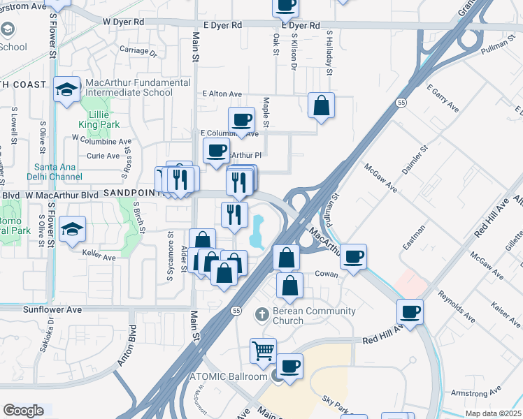 map of restaurants, bars, coffee shops, grocery stores, and more near 3 Hutton Centre Drive in Santa Ana